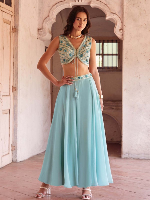 Sky Blue Pure Georgette Readymade Lehenga Choli